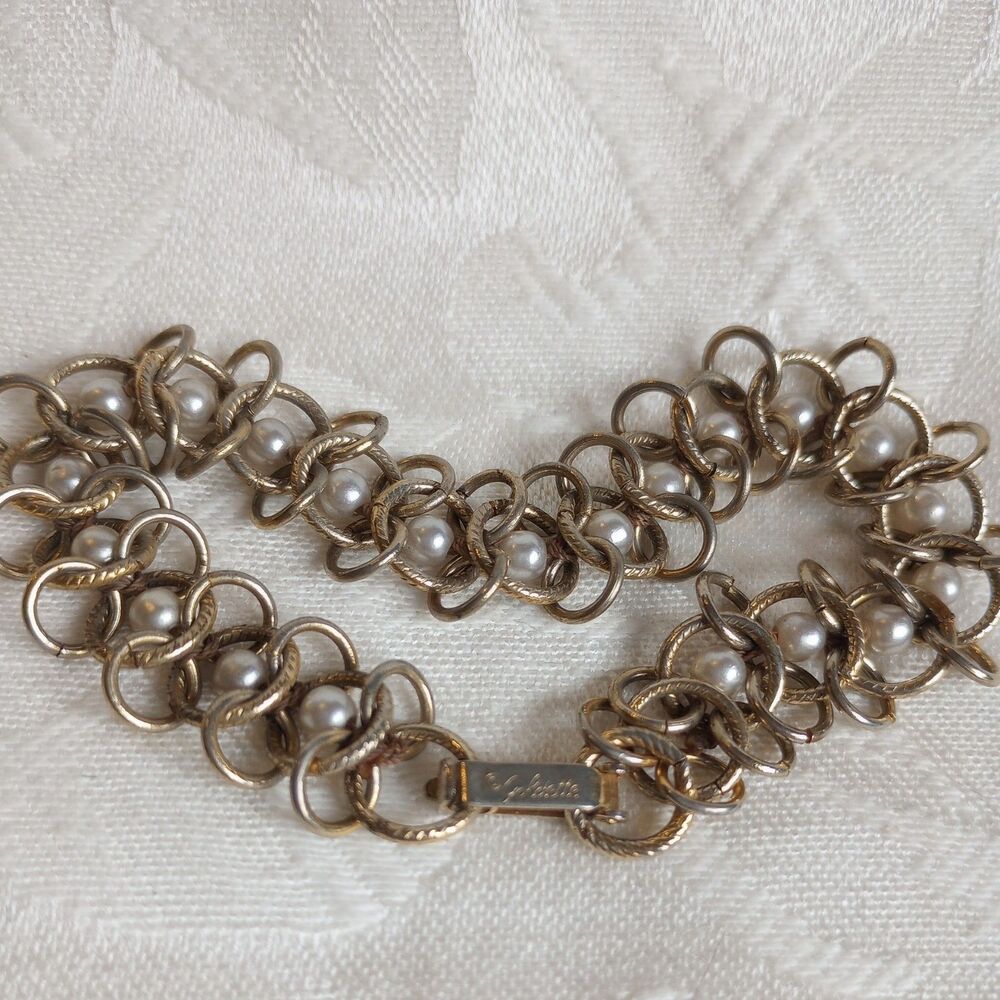 Vintage GOLDETTE N.Y. Gold Tone Chain Bracelet With Imitation Pearl Beads, 7"